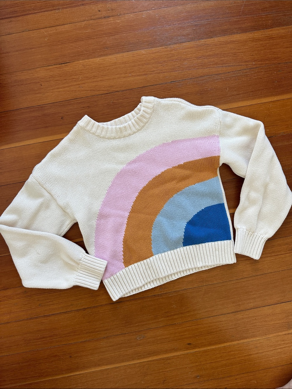 Tea Collection Cream Sweater with Pink, Tan & Blue Rainbow